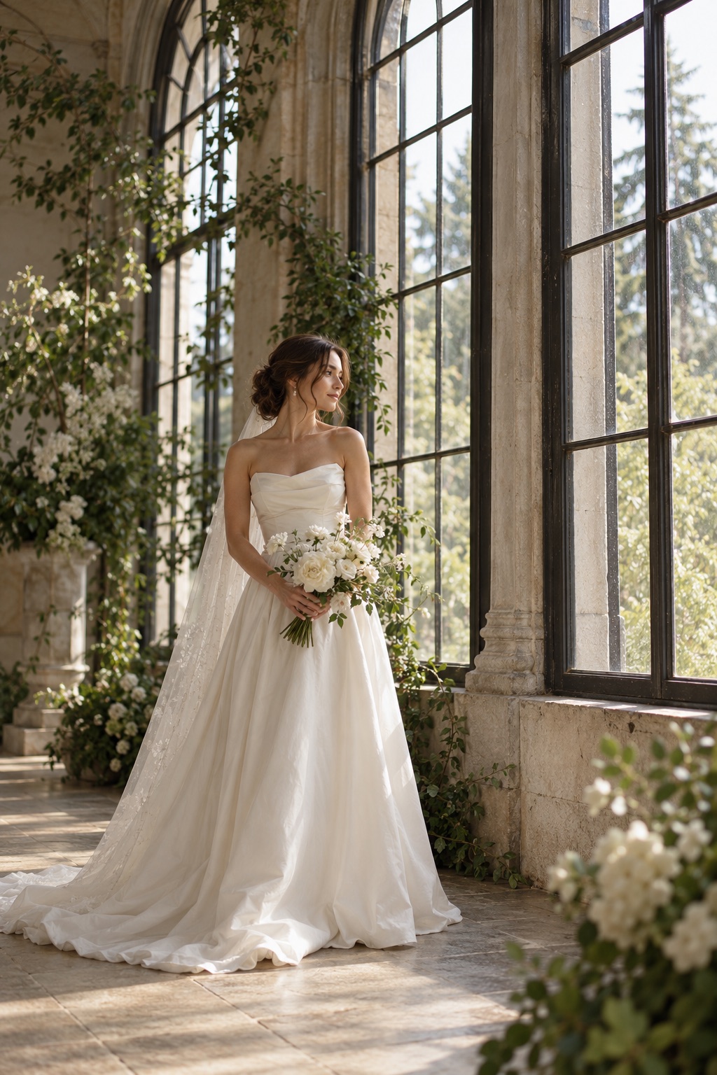 Bride beside tall conservatory windows
