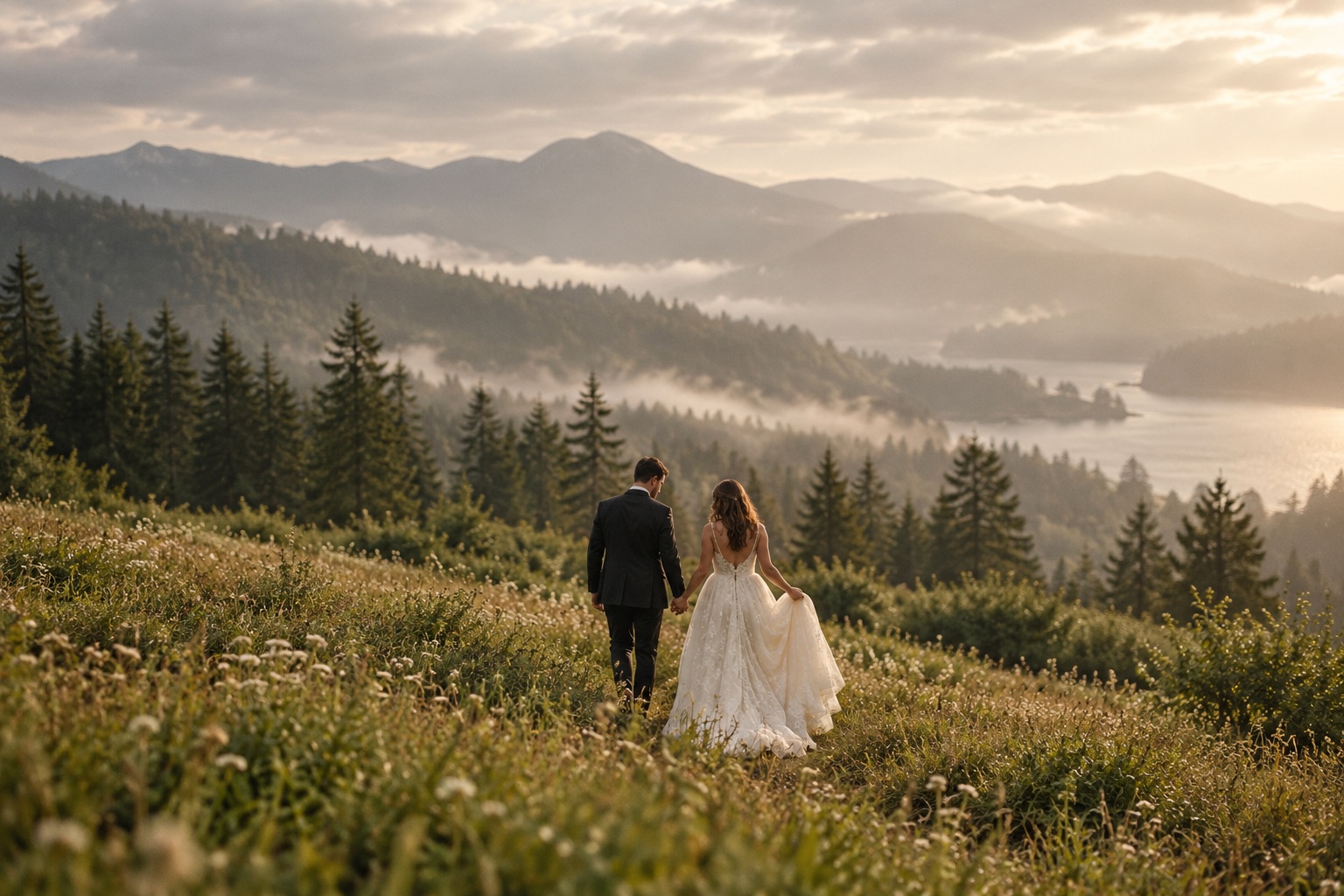 Newlywed couple walking through a Pacific Northwest meadow