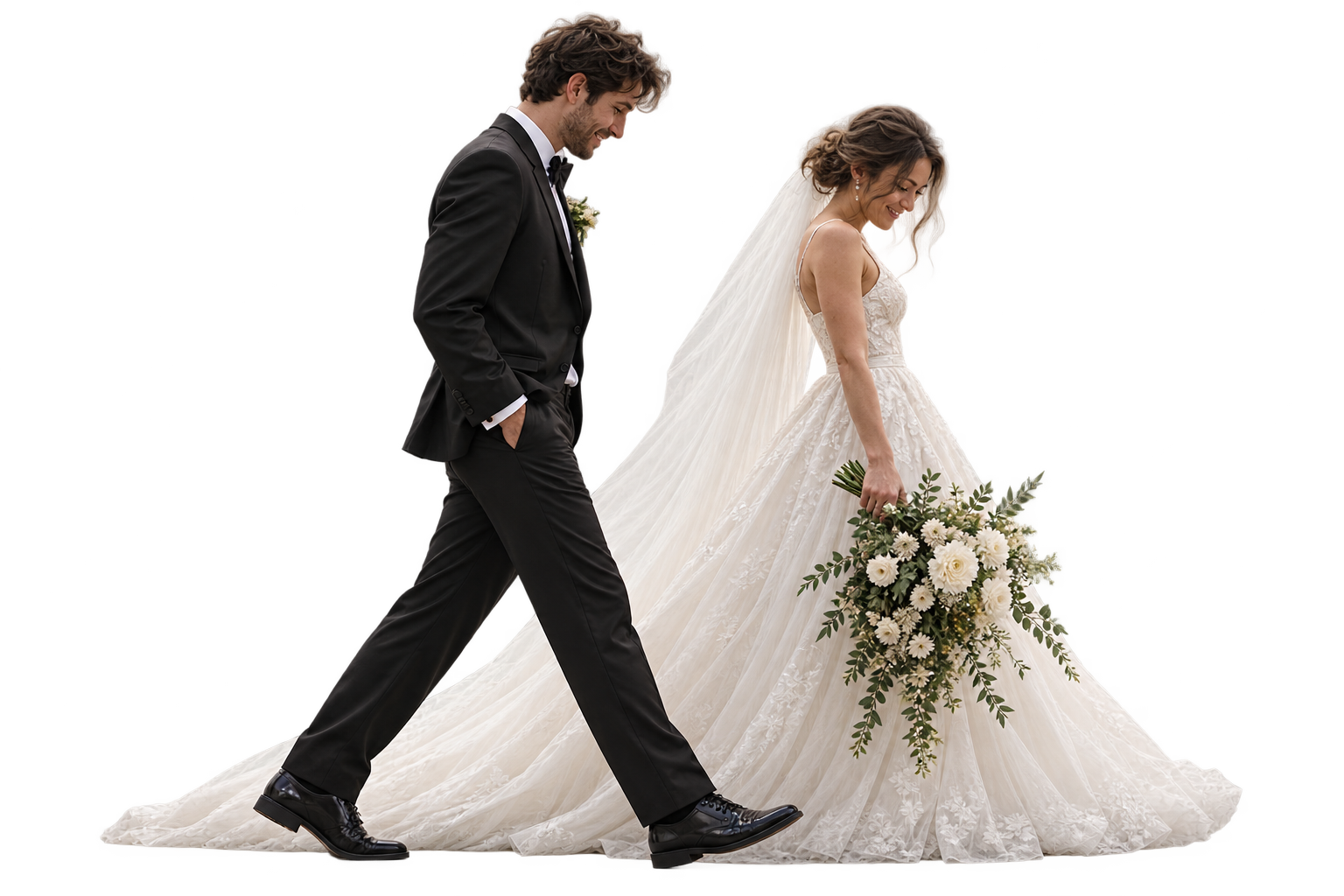 Newlywed couple walking together
