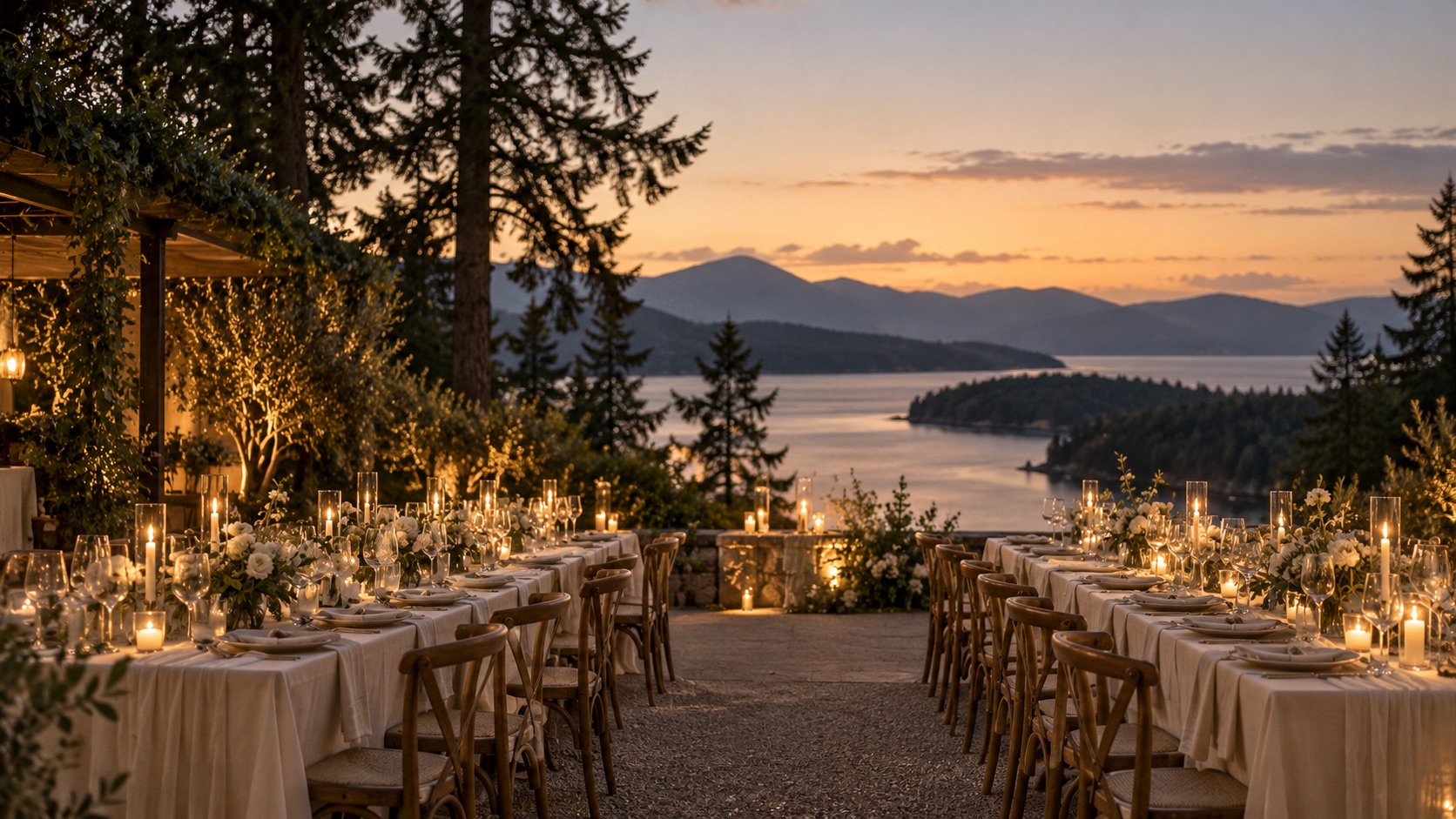 Candlelit wedding reception overlooking a lake